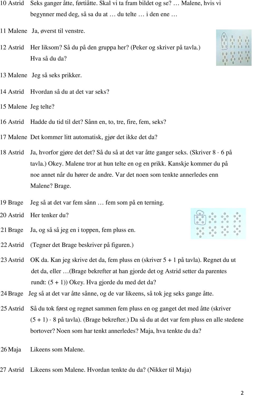 Sånn en, to, tre, fire, fem, seks? 17 Malene Det kommer litt automatisk, gjør det ikke det da? 18 Astrid Ja, hvorfor gjøre det det? Så du så at det var åtte ganger seks. (Skriver 8 6 på tavla.) Okey.