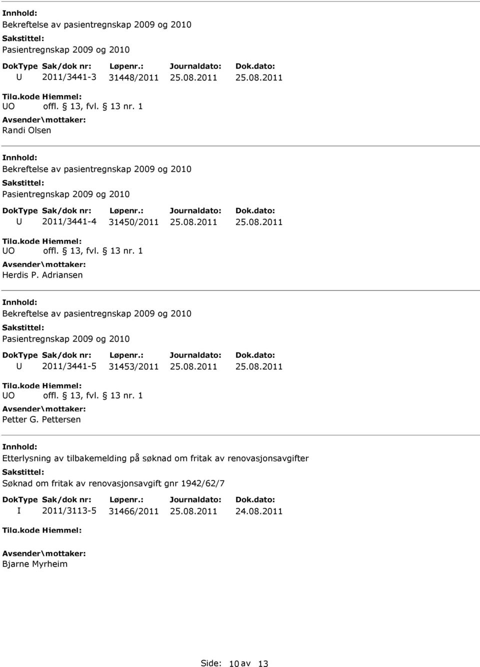 Adriansen Bekreftelse av pasientregnskap 2009 og 2010 Pasientregnskap 2009 og 2010 O 2011/3441-5 31453/2011 Petter G.