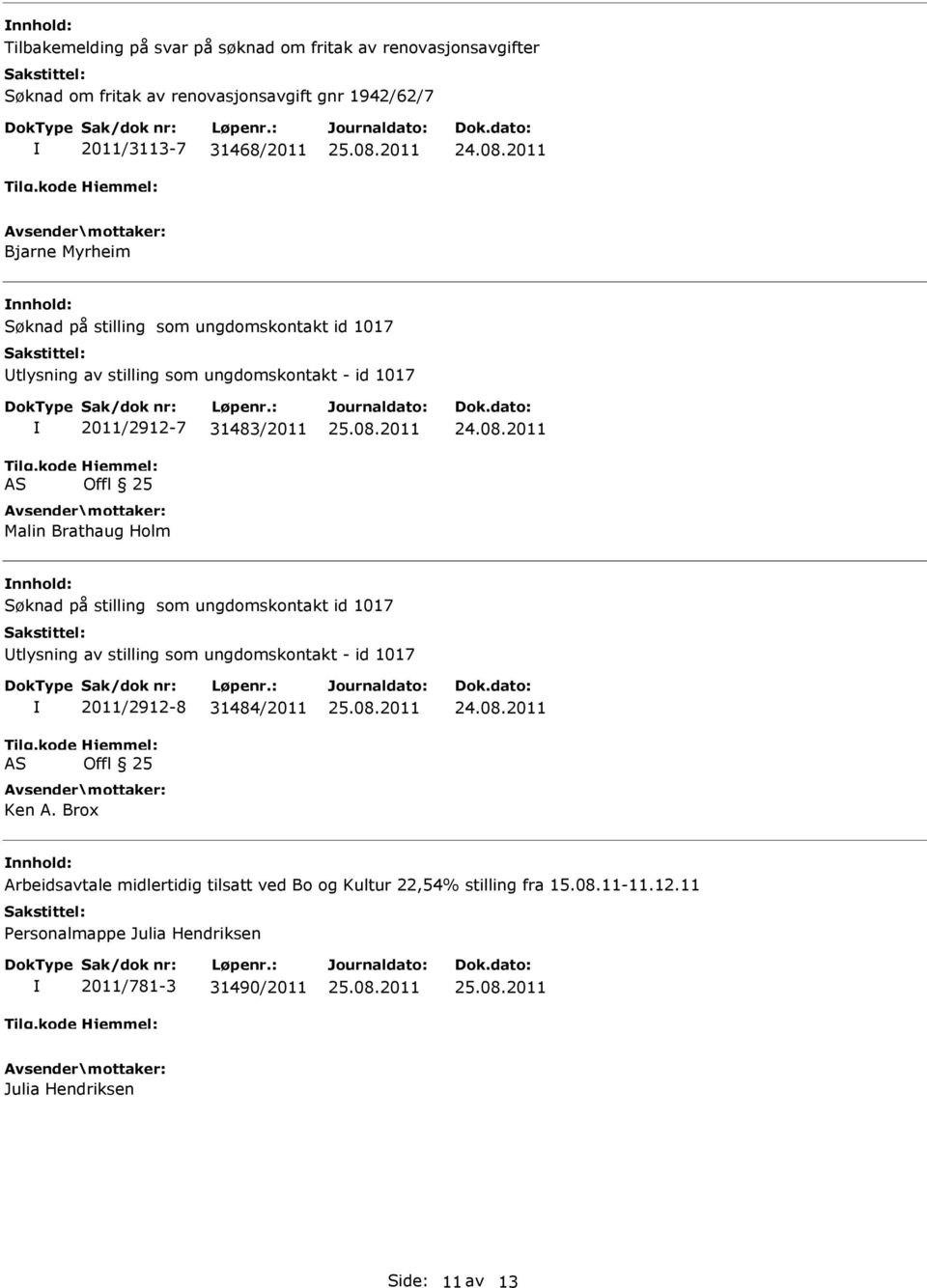 Søknad på stilling som ungdomskontakt id 1017 tlysning av stilling som ungdomskontakt - id 1017 AS 2011/2912-8 31484/2011 Offl 25 Ken A.