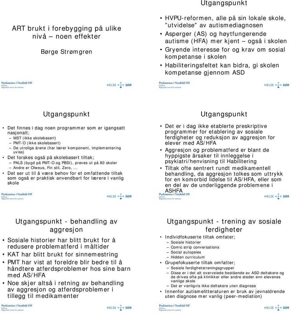 er igangsatt nasjonalt; MST (ikke skolebasert) PMT-O (ikke skolebasert) De utrolige årene (har lærer komponent, implementering uviss) Det forskes også på skolebasert tiltak; PALS (bygd på PMT-O og