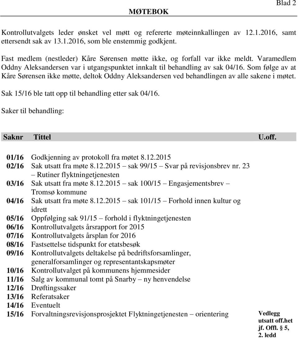 Som følge av at Kåre Sørensen ikke møtte, deltok Oddny Aleksandersen ved behandlingen av alle sakene i møtet. Sak 15/16 ble tatt opp til behandling etter sak 04/16.