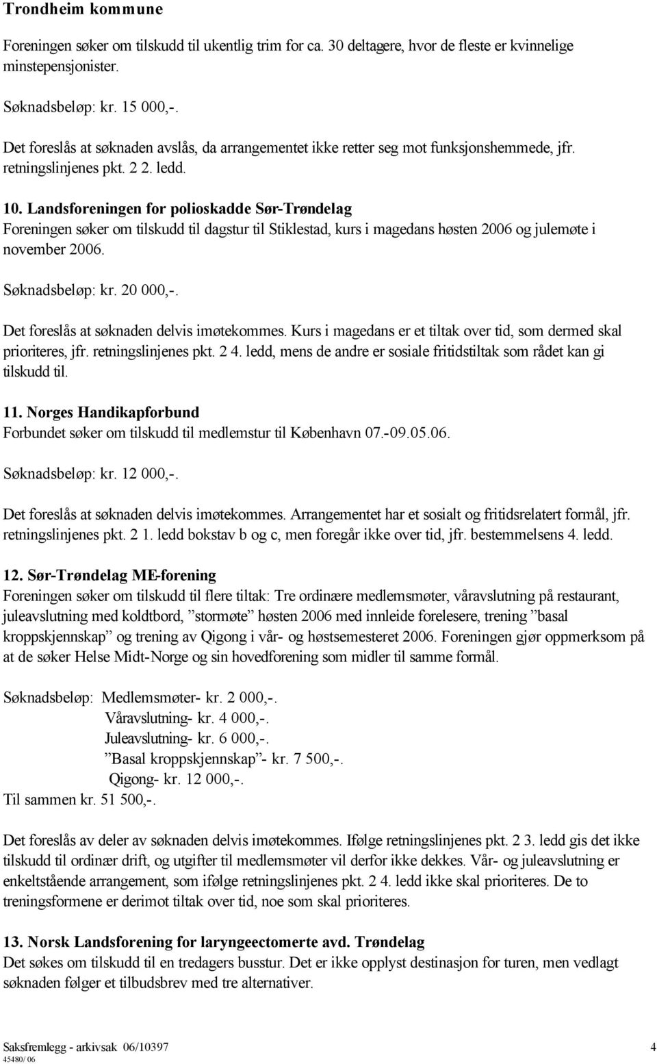 Landsforeningen for polioskadde Sør-Trøndelag Foreningen søker om tilskudd til dagstur til Stiklestad, kurs i magedans høsten 2006 og julemøte i november 2006. Søknadsbeløp: kr. 20 000,-.