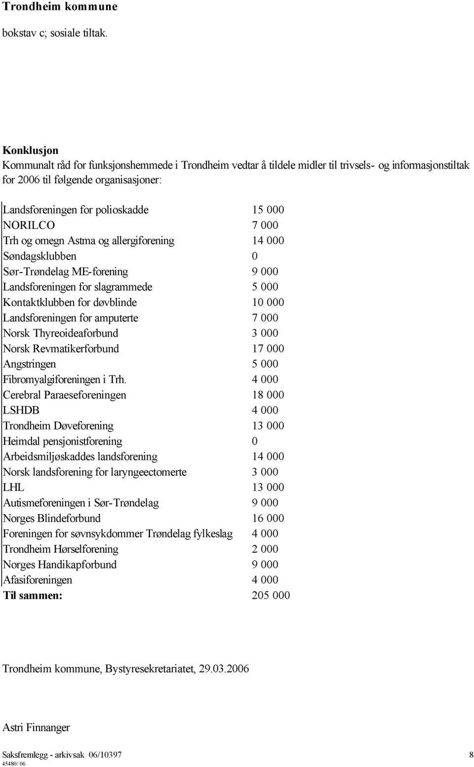 NORILCO 7 000 Trh og omegn Astma og allergiforening 14 000 Søndagsklubben 0 Sør-Trøndelag ME-forening 9 000 Landsforeningen for slagrammede 5 000 Kontaktklubben for døvblinde 10 000 Landsforeningen