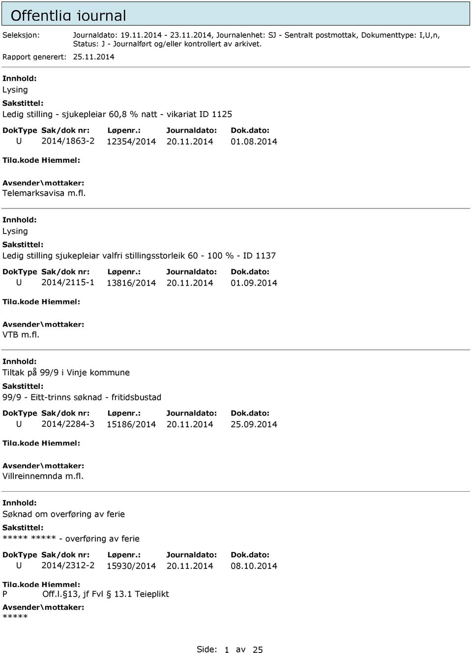 nnhold: Lysing Ledig stilling sjukepleiar valfri stillingsstorleik 60-100 % - D 1137 2014/2115-1 13816/2014 01.09.2014 VTB m.fl.