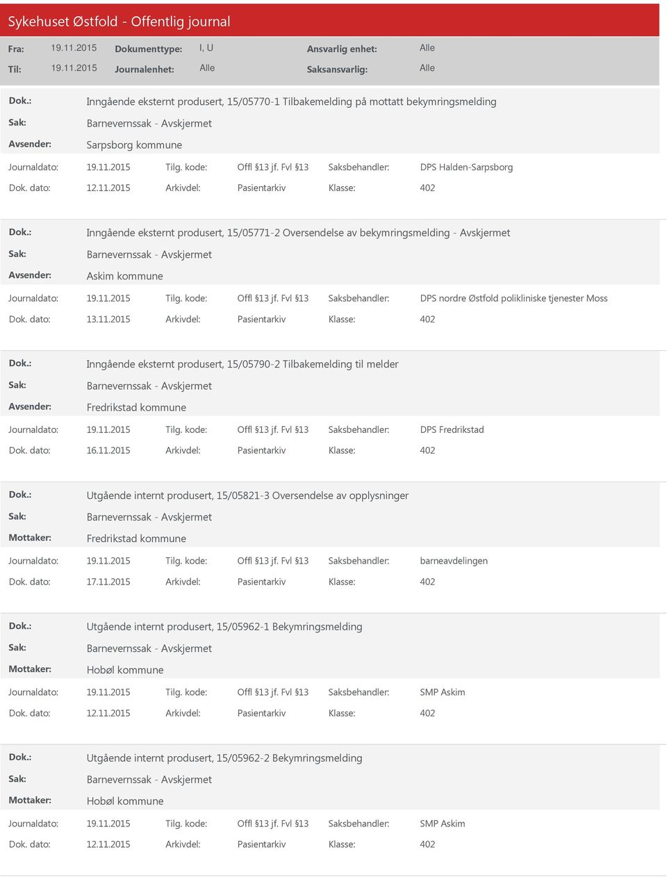 2015 Arkivdel: Pasientarkiv Inngående eksternt produsert, 15/05790-2 Tilbakemelding til melder Fredrikstad kommune DPS Fredrikstad Dok. dato: 16.11.