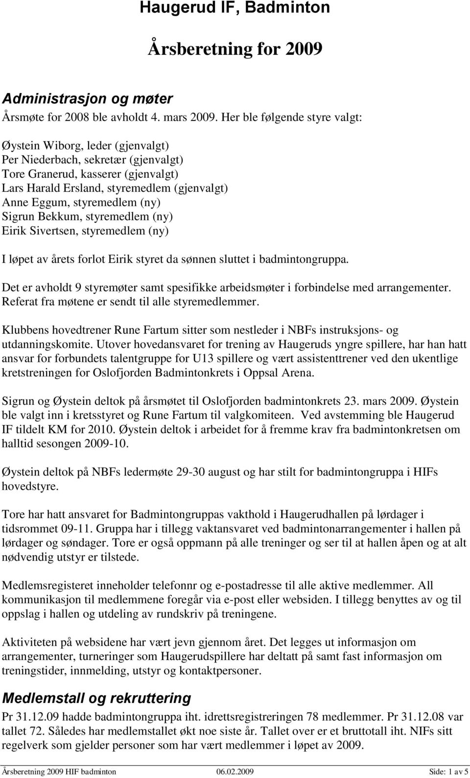 styremedlem (ny) Sigrun Bekkum, styremedlem (ny) Eirik Sivertsen, styremedlem (ny) I løpet av årets forlot Eirik styret da sønnen sluttet i badmintongruppa.
