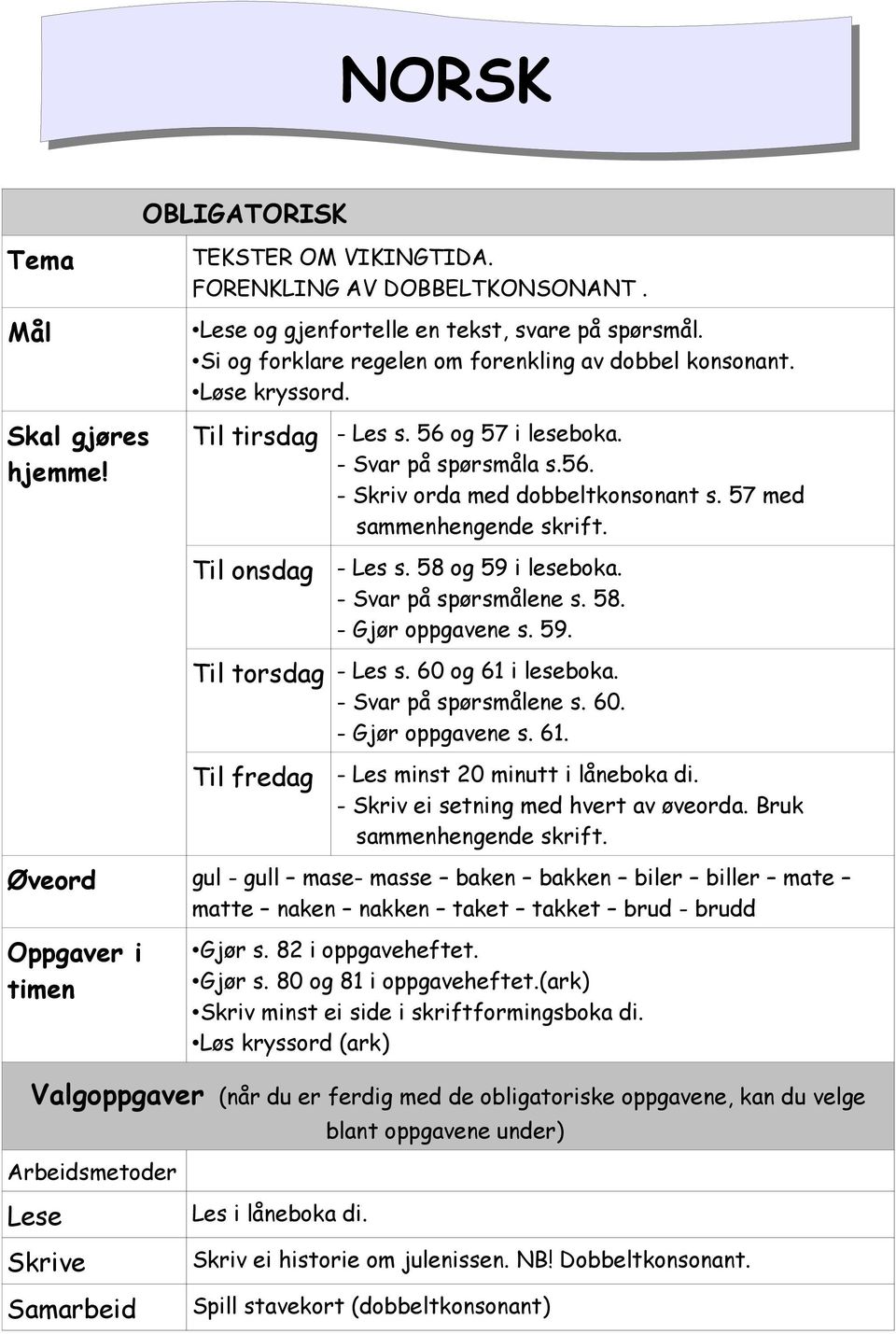 - Svar på spørsmålene s. 58. - Gjør oppgavene s. 59. Til torsdag - Les s. 60 og 61 i leseboka. - Svar på spørsmålene s. 60. - Gjør oppgavene s. 61. Til fredag - Les minst 20 minutt i låneboka di.