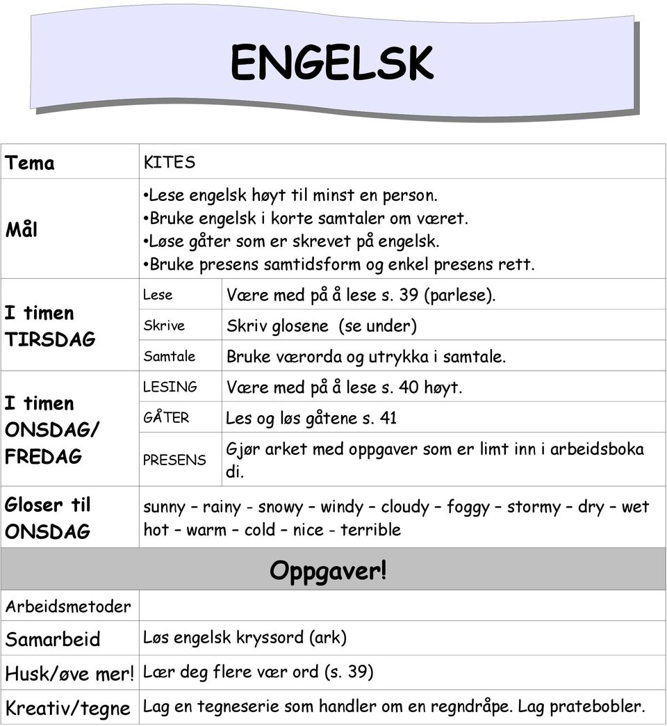 Skriv glosene (se under) Bruke værorda og utrykka i samtale. Være med på å lese s. 40 høyt. GÅTER Les og løs gåtene s.