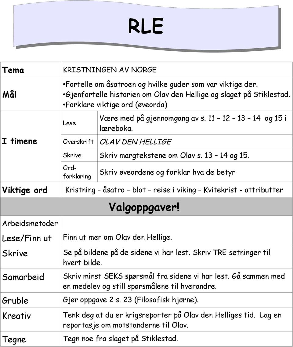 i læreboka. OLAV DEN HELLIGE Skrive Skriv margtekstene om Olav s. 13 14 og 15.