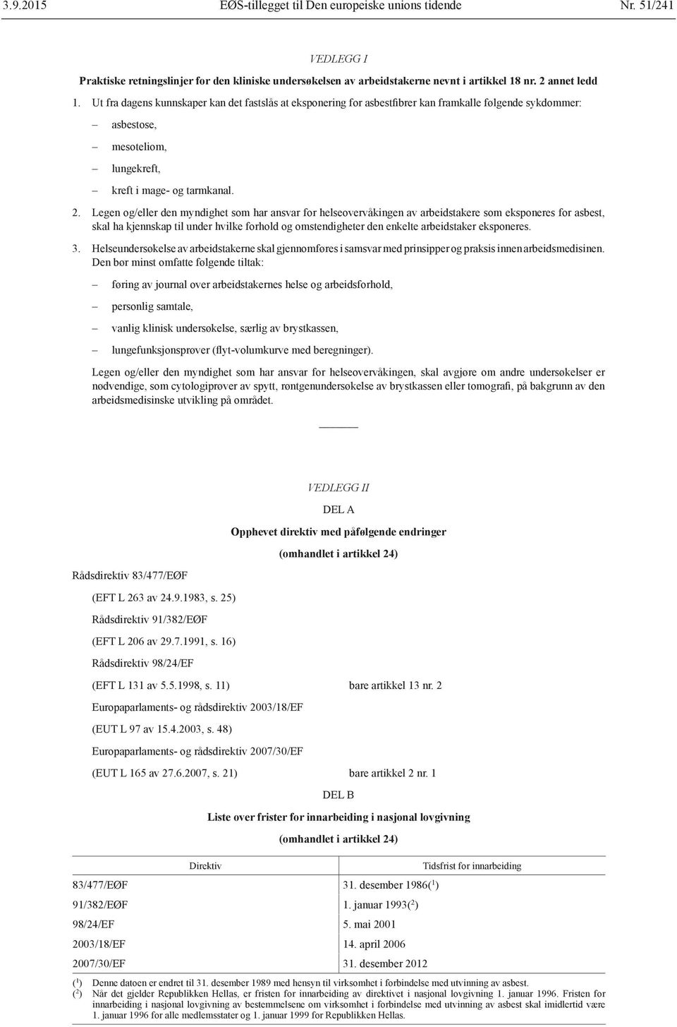 Legen og/eller den myndighet som har ansvar for helseovervåkingen av arbeidstakere som eksponeres for asbest, skal ha kjennskap til under hvilke forhold og omstendigheter den enkelte arbeidstaker