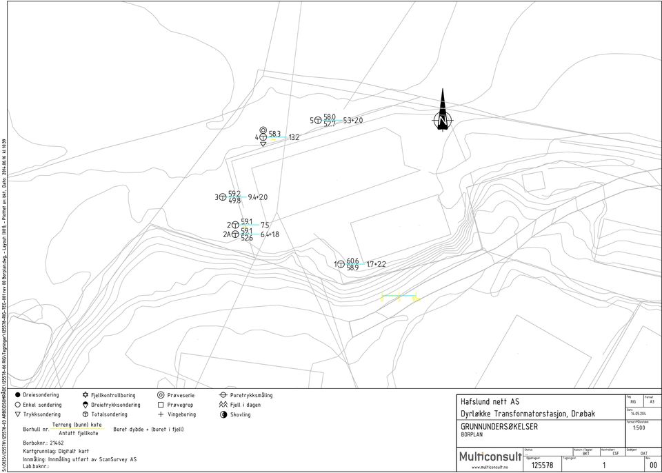 Borhull nr. Terreng (bunn) kote Antatt fjellkote Boret dybde + (boret i fjell) 1:500 Borboknr.