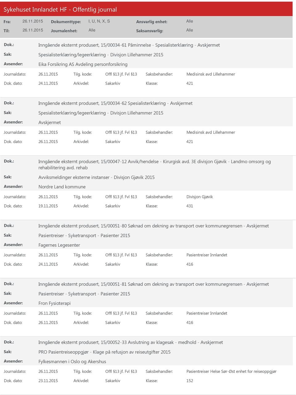 2015 Arkivdel: Sakarkiv 421 Inngående eksternt produsert, 15/00034-62 Spesialisterklæring - Spesialisterklæring/legeerklæring - Divisjon Lillehammer 2015 Medisinsk avd Lillehammer Dok.