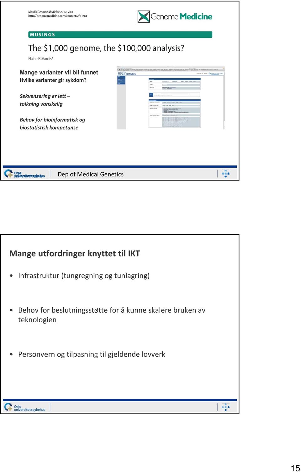 Dep of Medical Genetics Mange utfordringer knyttet til IKT Infrastruktur (tungregning og