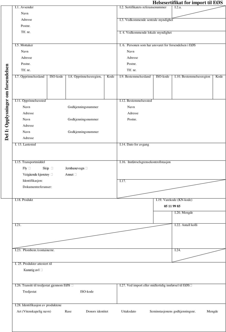 Opprinnelsessted I.12. Bestemmelsessted I. 13. Lastested I.14. Dato for avgang I.15. Transportmiddel Fly Skip Jernbanevogn Veigående kjøretøy Annet Identifikasjon: Dokumentreferanser: I.16.