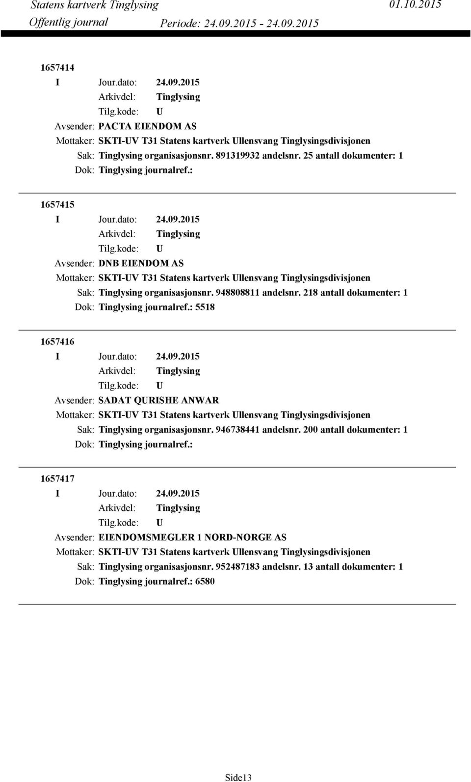 218 antall dokumenter: 1 Dok: journalref.: 5518 1657416 Avsender: SADAT QRISHE ANWAR Mottaker: SKTI-V T31 Statens kartverk llensvang sdivisjonen organisasjonsnr. 946738441 andelsnr.