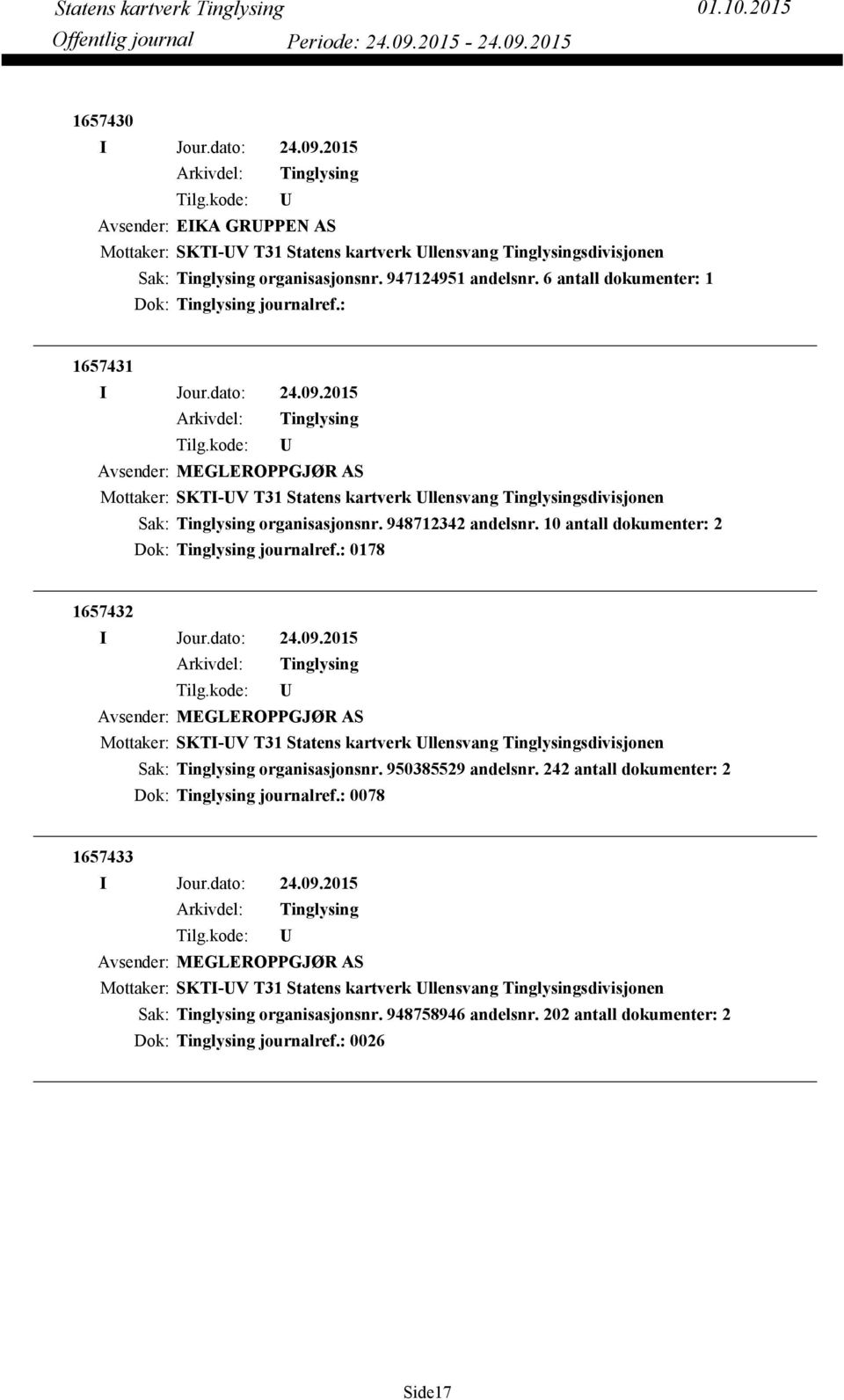 10 antall dokumenter: 2 Dok: journalref.: 0178 1657432 Avsender: MEGLEROPPGJØR AS Mottaker: SKTI-V T31 Statens kartverk llensvang sdivisjonen organisasjonsnr. 950385529 andelsnr.