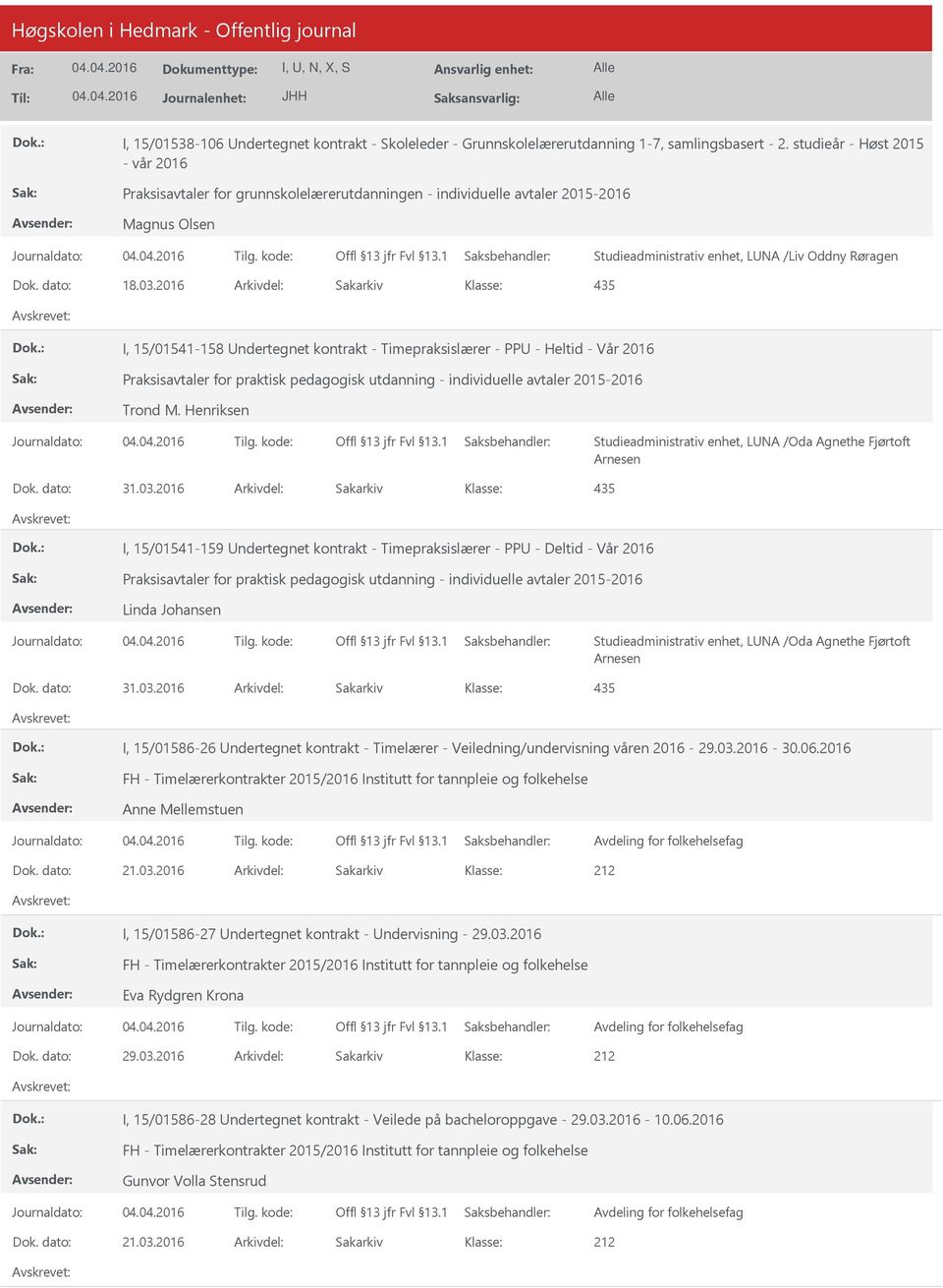 2016 Arkivdel: Sakarkiv 435 I, 15/01541-158 ndertegnet kontrakt - Timepraksislærer - PP - Heltid - Vår 2016 Praksisavtaler for praktisk pedagogisk utdanning - individuelle avtaler 2015-2016 Trond M.