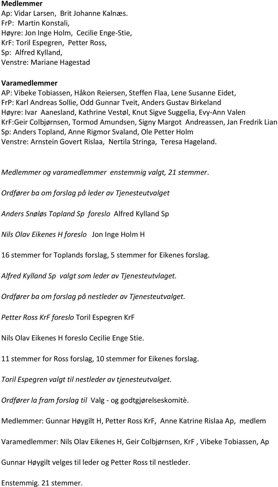 Steffen Flaa, Lene Susanne Eidet, FrP: Karl Andreas Sollie, Odd Gunnar Tveit, Anders Gustav Birkeland Høyre: Ivar Aanesland, Kathrine Vestøl, Knut Sigve Suggelia, Evy-Ann Valen KrF:Geir Colbjørnsen,