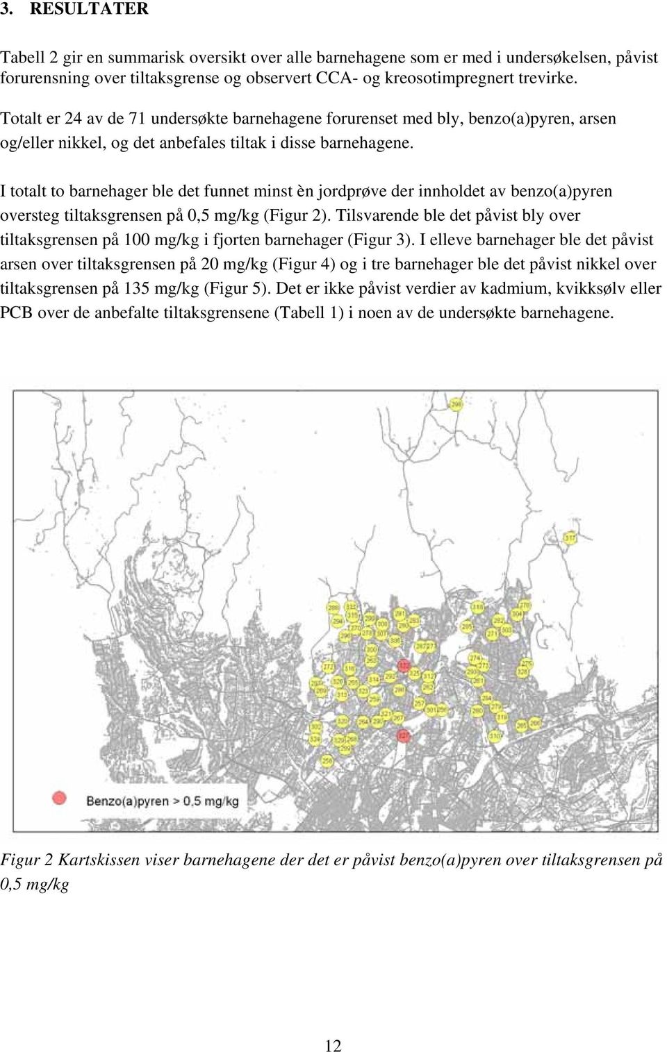 I totalt to barnehager ble det funnet minst èn jordprøve der innholdet av benzo(a)pyren oversteg tiltaksgrensen på 0,5 mg/kg (Figur.