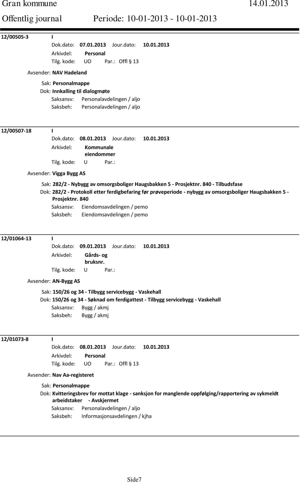 Avsender: Vigga Bygg AS Sak: 282/2 - Nybygg av omsorgsboliger Haugsbakken 5 - Prosjektnr.