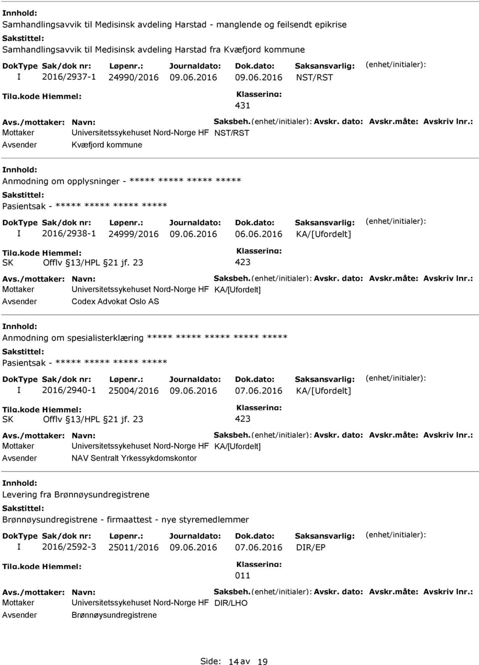 : Mottaker niversitetssykehuset Nord-Norge HF NST/RST Kvæfjord kommune Anmodning om opplysninger - ***** ***** ***** ***** asientsak - ***** ***** ***** ***** 2016/2938-1 24999/2016 06.