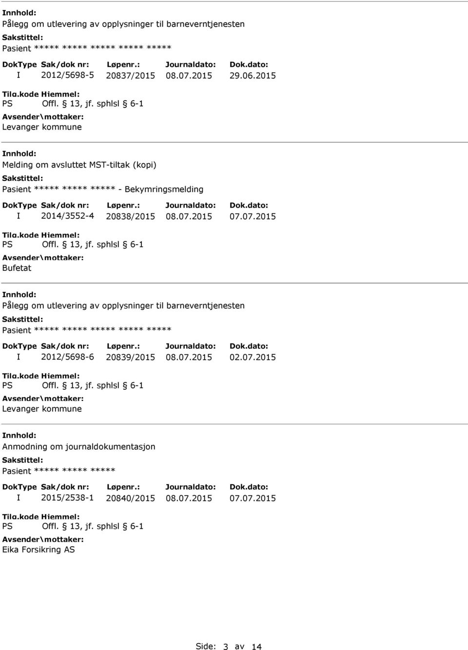 2015 Melding om avsluttet MST-tiltak (kopi) - Bekymringsmelding 2014/3552-4 20838/2015 Bufetat Pålegg om