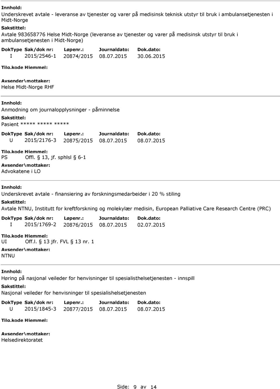 2015 Helse Midt-Norge RHF Anmodning om journalopplysninger - påminnelse 2015/2176-3 20875/2015 Advokatene i LO nderskrevet avtale - finansiering av forskningsmedarbeider i 20 % stiling Avtale NTN,