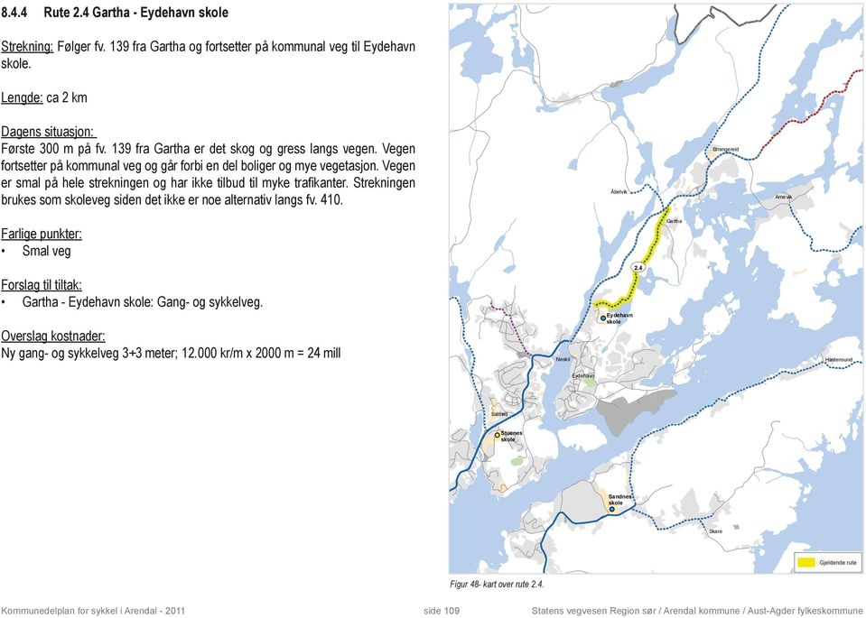 Vegen er smal på hele strekningen og har ikke tilbud til myke trafikanter. Strekningen brukes som veg siden det ikke er noe alternativ langs fv. 410.