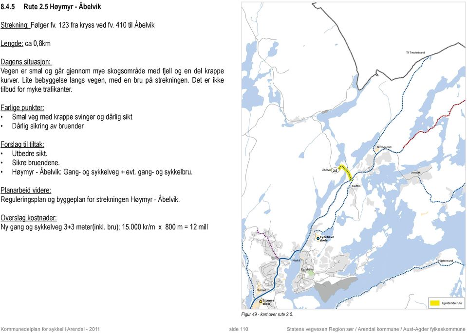 Det er ikke tilbud for myke trafikanter. Til Tvedestrand Smal veg med krappe svinger og dårlig sikt Dårlig sikring av bruender Utbedre sikt. Sikre bruendene.