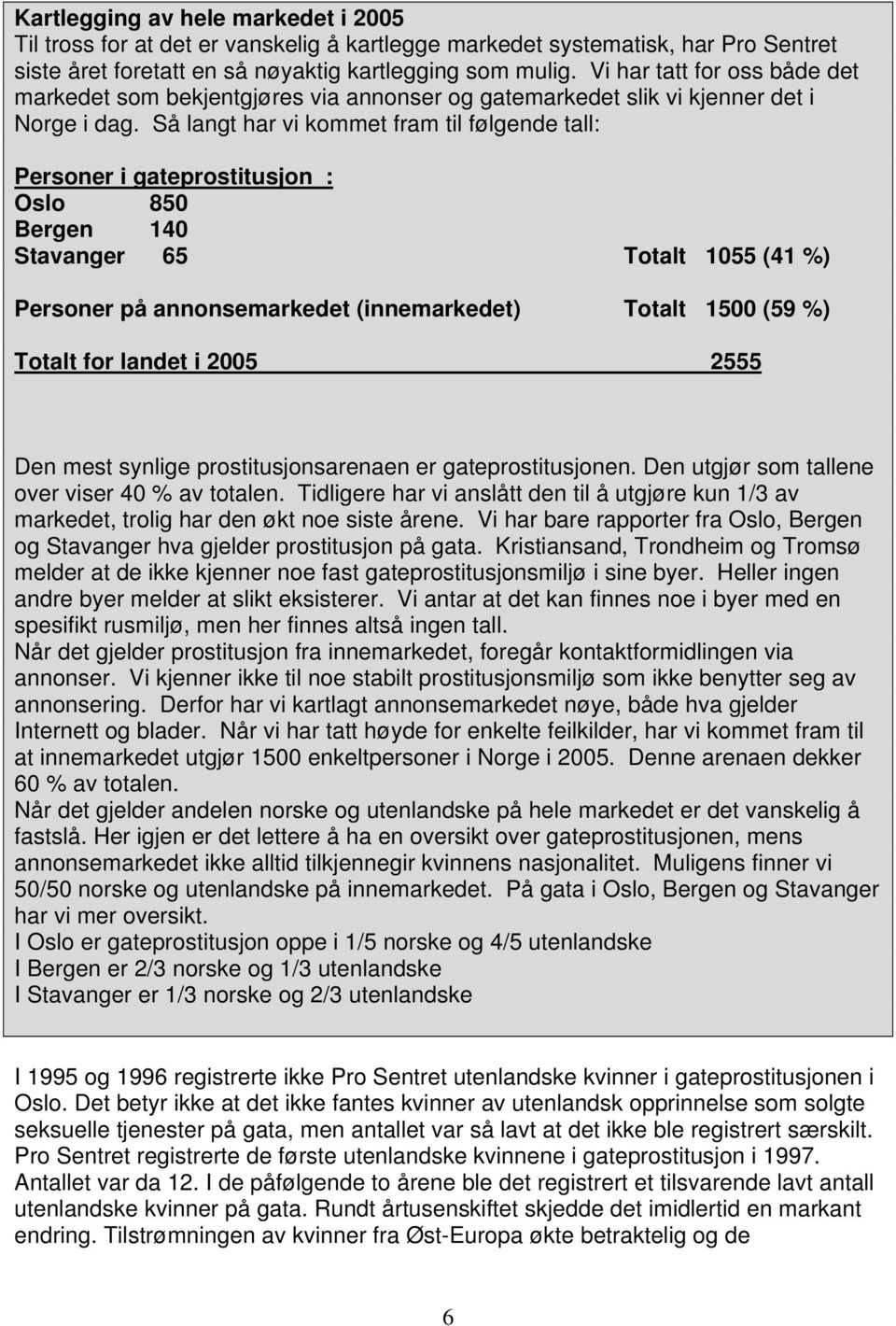 Så langt har vi kommet fram til følgende tall: Personer i gateprostitusjon : Oslo 850 Bergen 140 Stavanger 65 Totalt 1055 (41 %) Personer på annonsemarkedet (innemarkedet) Totalt 1500 (59 %) Totalt
