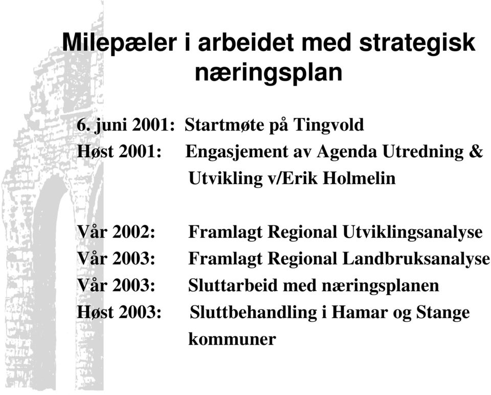 Utvikling v/erik Holmelin Vår 2002: Vår 2003: Vår 2003: Høst 2003: Framlagt Regional
