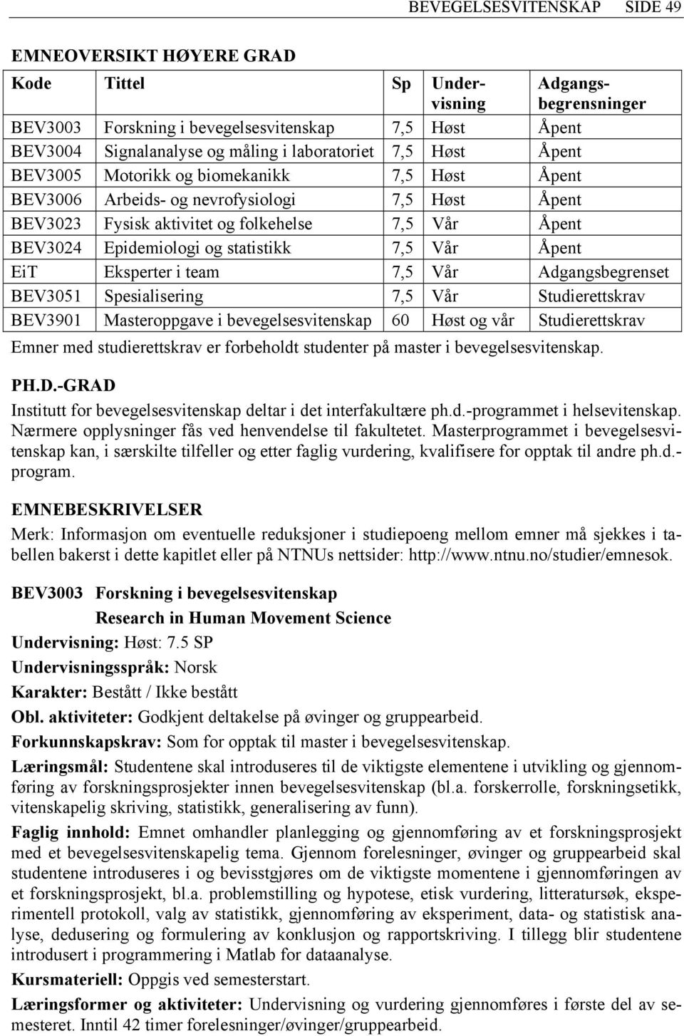 EiT Eksperter i team 7,5 Vår Adgangsbegrenset BEV3051 Spesialisering 7,5 Vår Studierettskrav BEV3901 Masteroppgave i bevegelsesvitenskap 60 Høst og vår Studierettskrav Emner med studierettskrav er