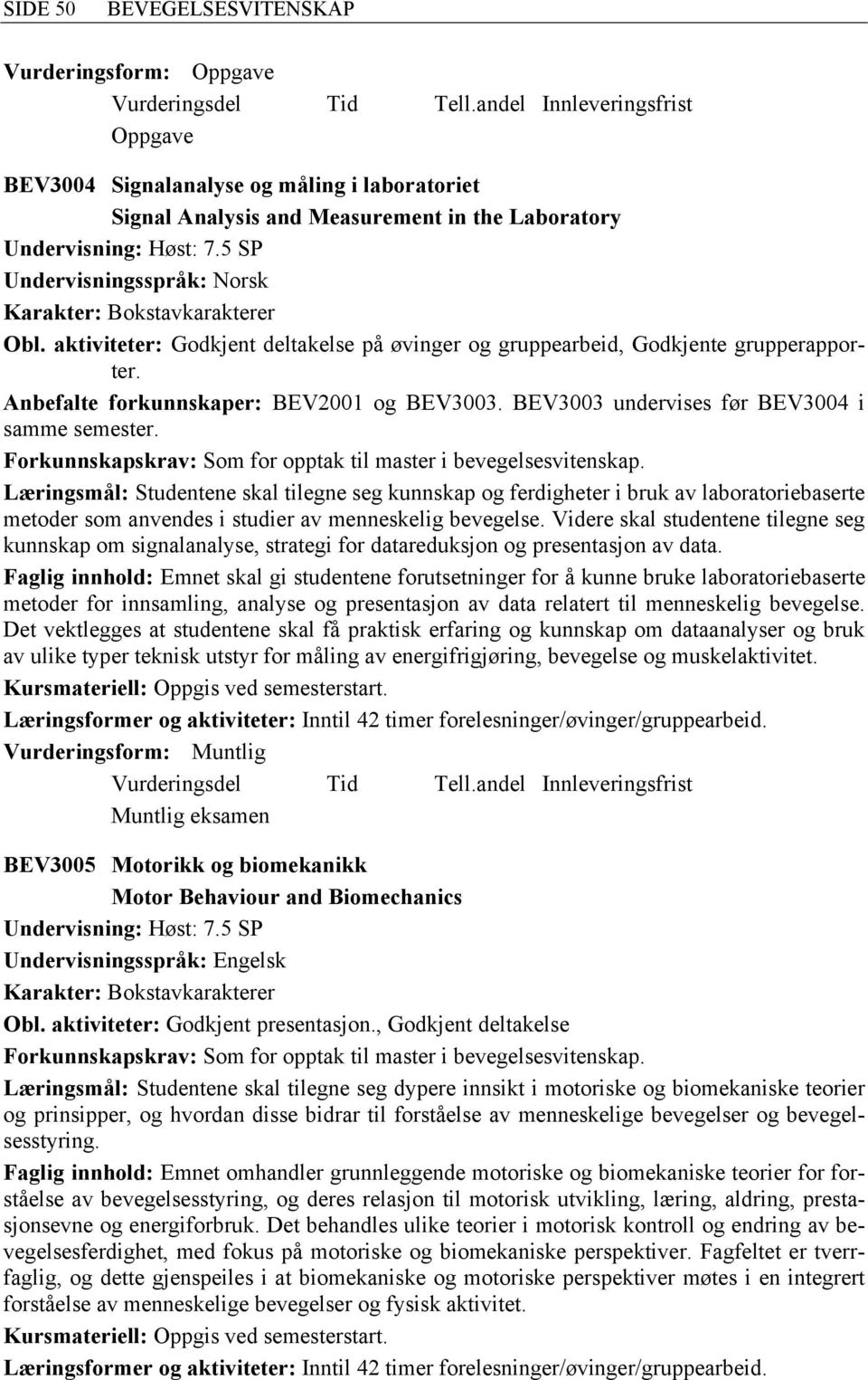 Forkunnskapskrav: Som for opptak til master i bevegelsesvitenskap.