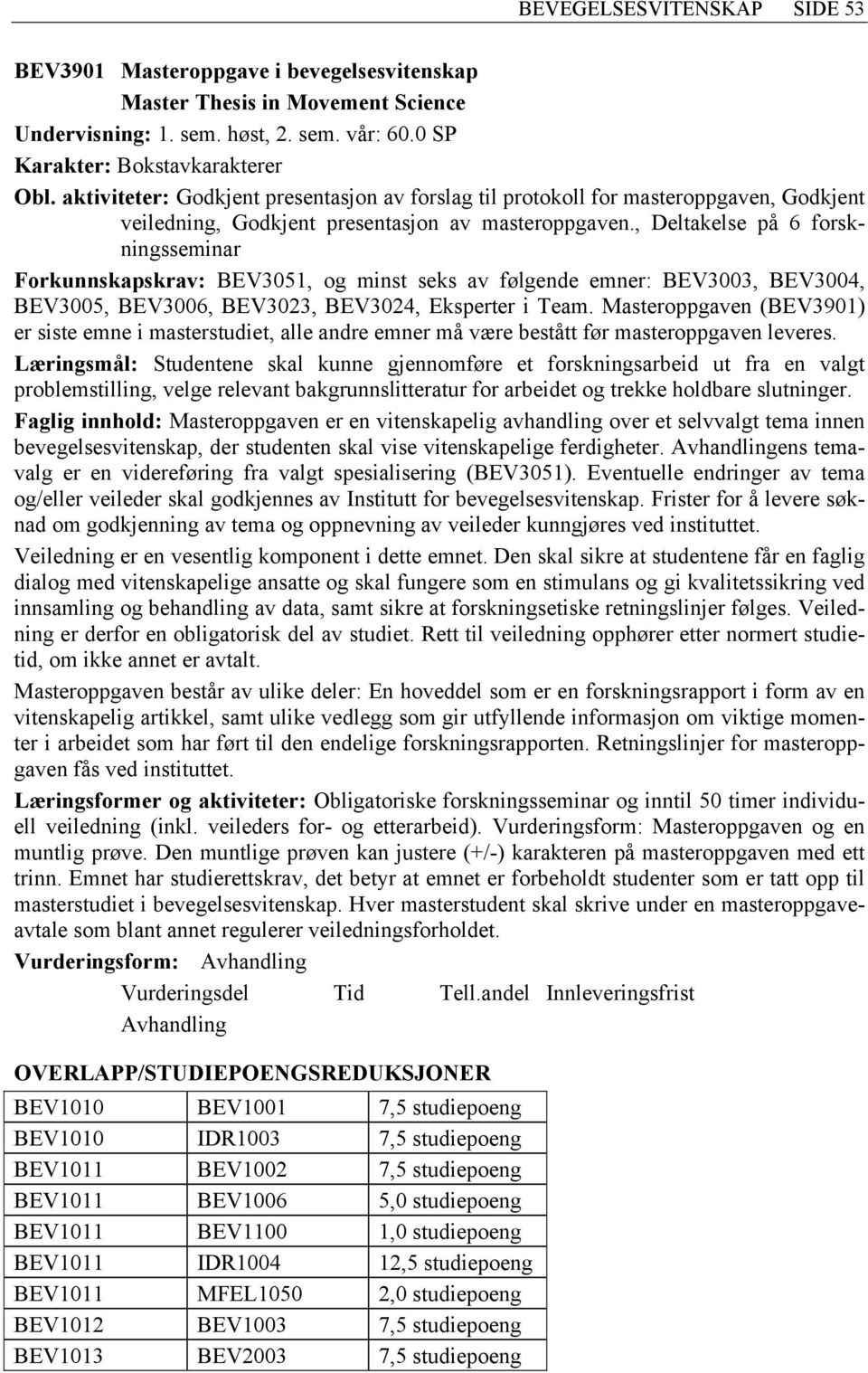 , Deltakelse på 6 forskningsseminar Forkunnskapskrav: BEV3051, og minst seks av følgende emner: BEV3003, BEV3004, BEV3005, BEV3006, BEV3023, BEV3024, Eksperter i Team.