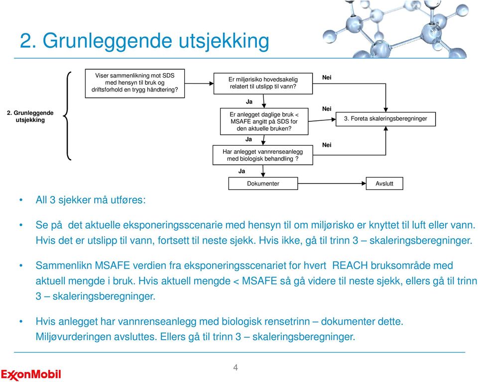 All 3 sjekker må utføres: Se på det aktuelle eksponeringsscenarie med hensyn til om miljørisko er knyttet til luft eller vann. Hvis det er utslipp til vann, fortsett til neste sjekk.