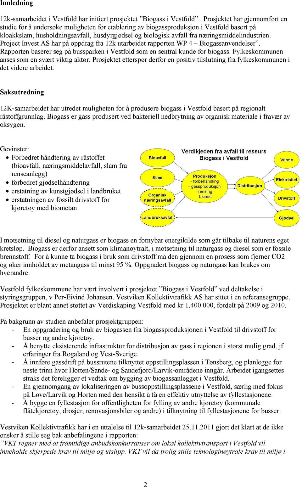 næringsmiddelindustrien. Project Invest AS har på oppdrag fra 12k utarbeidet rapporten WP 4 Biogassanvendelser. Rapporten baserer seg på bussparken i Vestfold som en sentral kunde for biogass.