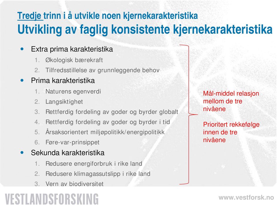 Rettferdig fordeling av goder og byrder i tid 5. Årsaksorientert miljøpolitikk/energipolitikk 6. Føre-var-prinsippet Sekunda karakteristika 1.