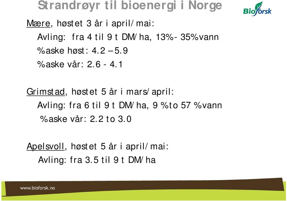 1 Grimstad, høstet 5 år i mars/april: Avling: fra 6 til 9 t DM/ha, 9 % to 57 %