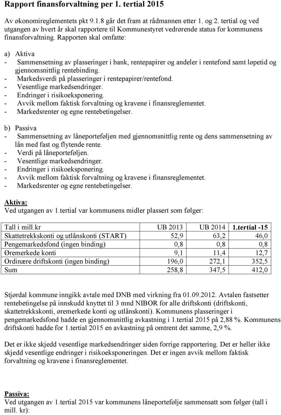 Rapporten skal omfatte: a) Aktiva - Sammensetning av plasseringer i bank, rentepapirer og andeler i rentefond samt løpetid og gjennomsnittlig rentebinding.