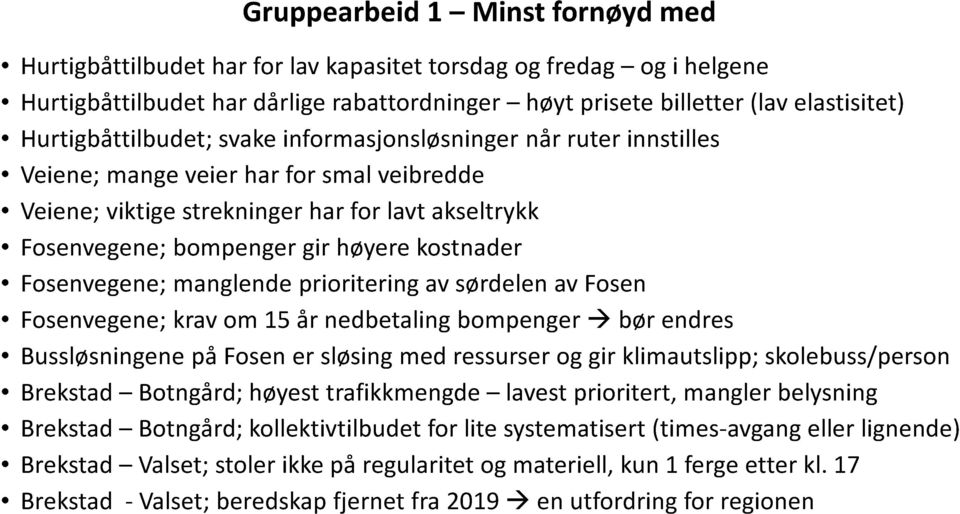 kostnader Fosenvegene; manglende prioritering av sørdelen av Fosen Fosenvegene; krav om 15 år nedbetaling bompenger bør endres Bussløsningene på Fosen er sløsing med ressurser og gir klimautslipp;