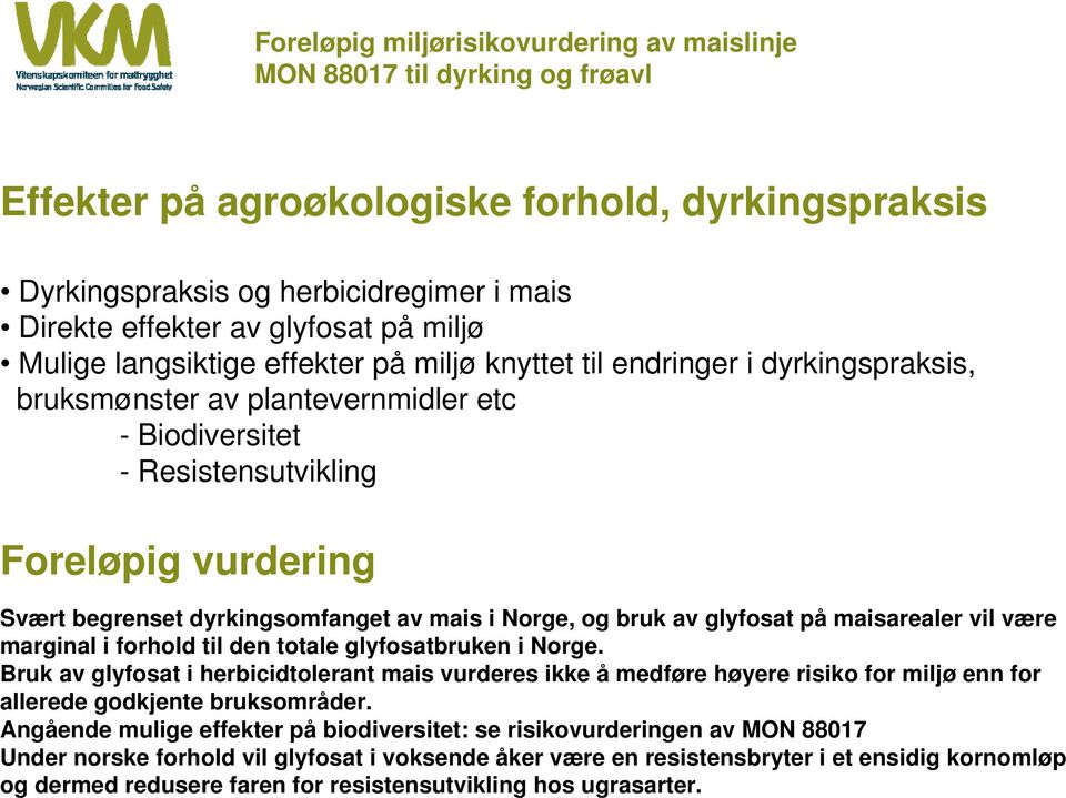 dyrkingsomfanget av mais i Norge, og bruk av glyfosat på maisarealer vil være marginal i forhold til den totale glyfosatbruken i Norge.