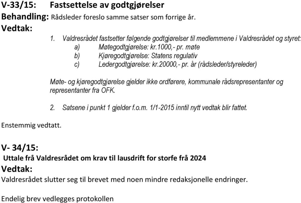 møte b) Kjøregodtgjørelse: Statens regulativ c) Ledergodtgjørelse: kr.20000,- pr. år (rådsleder/styreleder) Enstemmig vedtatt.