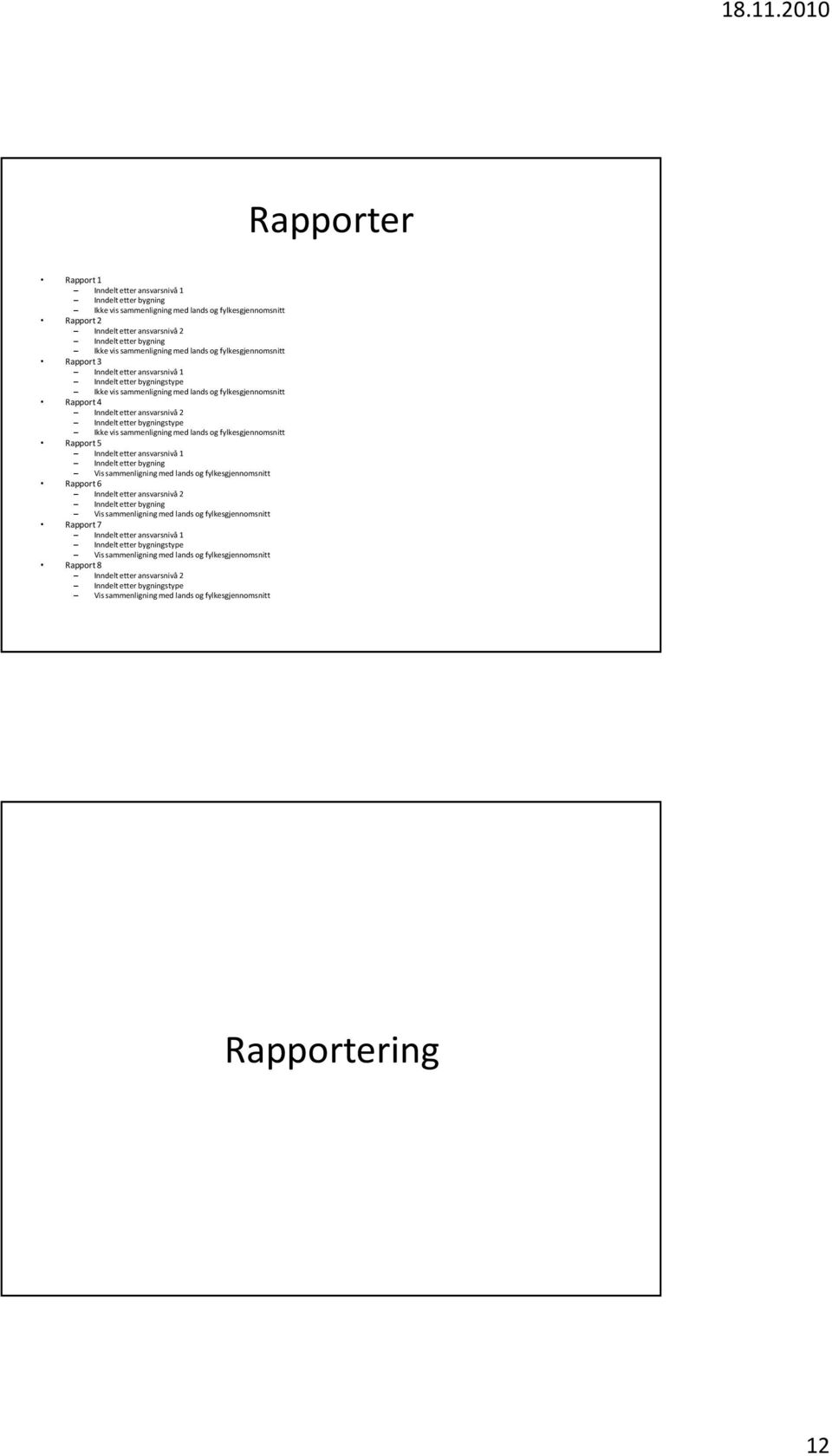 ansvarsnivå 2 Inndelt etter bygningstype Ikke vis sammenligning med lands og fylkesgjennomsnitt Rapport 5 Inndelt etter ansvarsnivå 1 Inndelt etter bygning Vis sammenligning med lands og