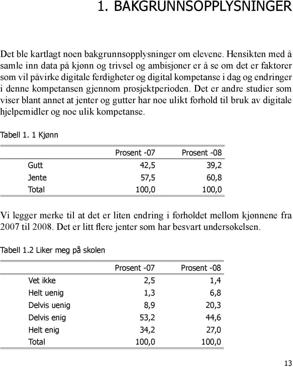 gjennom prosjektperioden. Det er andre studier som viser blant annet at jenter og gutter har noe ulikt forhold til bruk av digitale hjelpemidler og noe ulik kompetanse. Tabell 1.