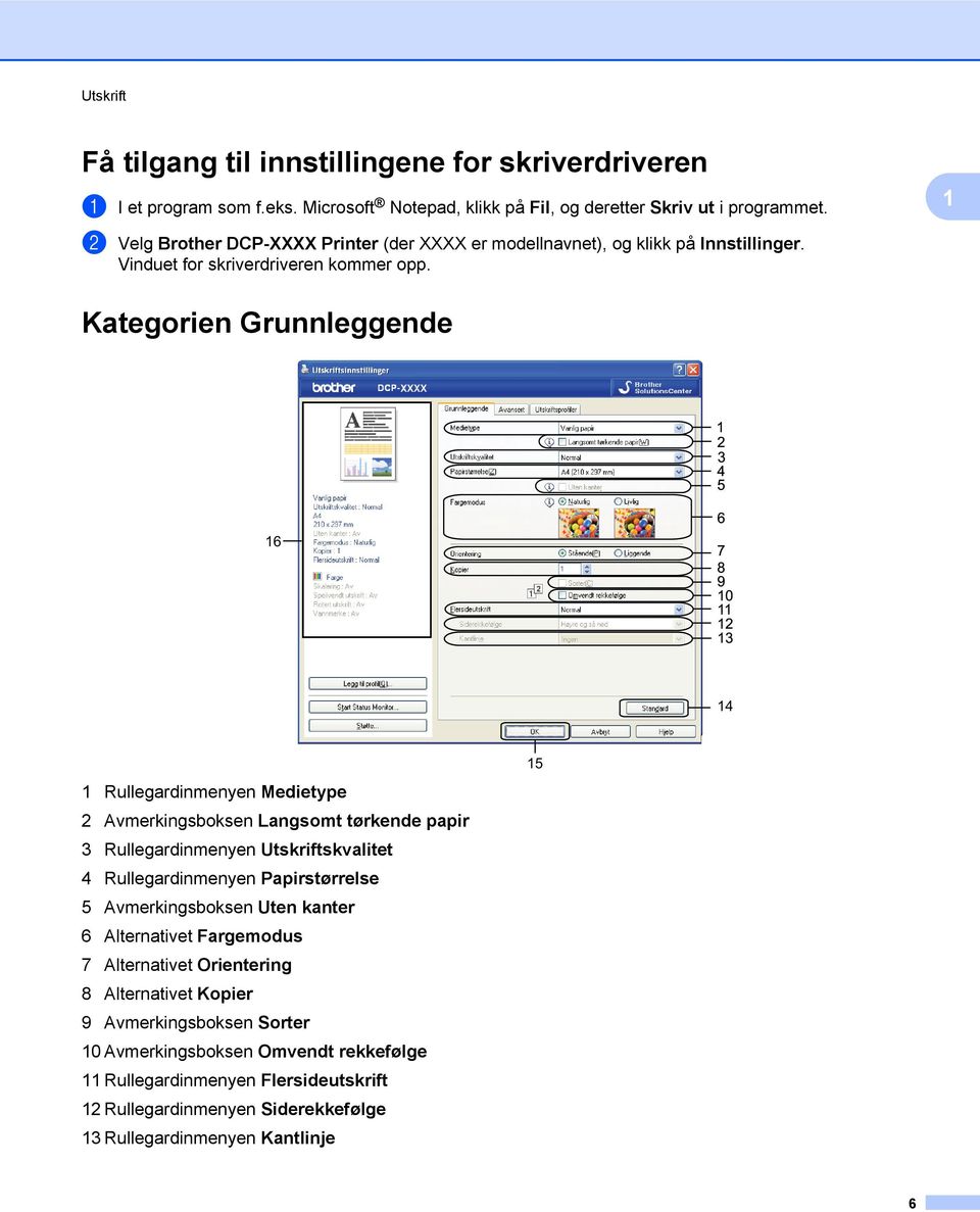 1 Kategorien Grunnleggende 1 2 3 4 5 16 6 7 8 9 10 11 12 13 14 1 Rullegardinmenyen Medietype 2 Avmerkingsboksen Langsomt tørkende papir 3 Rullegardinmenyen Utskriftskvalitet 4