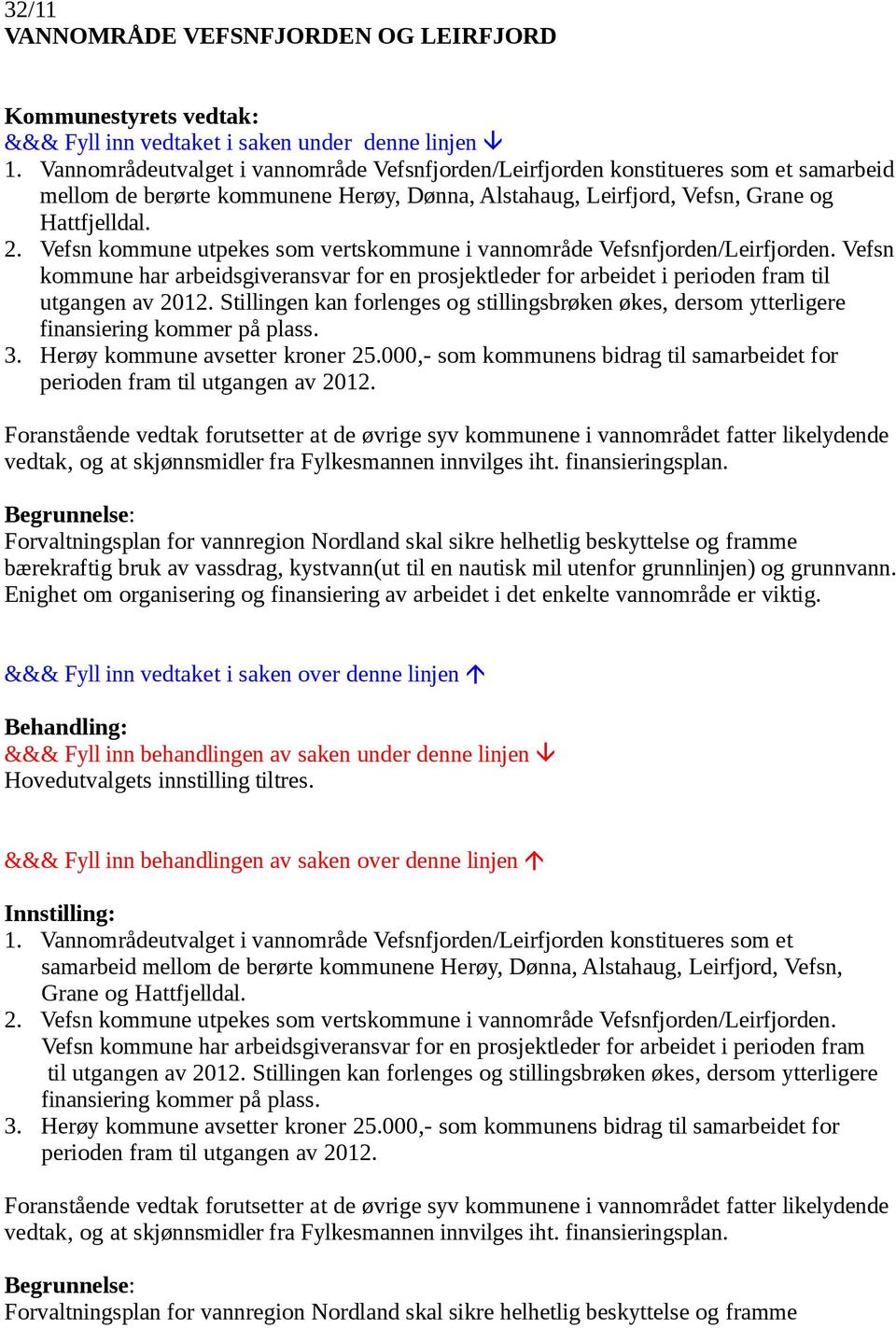 Vefsn kommune utpekes som vertskommune i vannområde Vefsnfjorden/Leirfjorden. Vefsn kommune har arbeidsgiveransvar for en prosjektleder for arbeidet i perioden fram til utgangen av 2012.