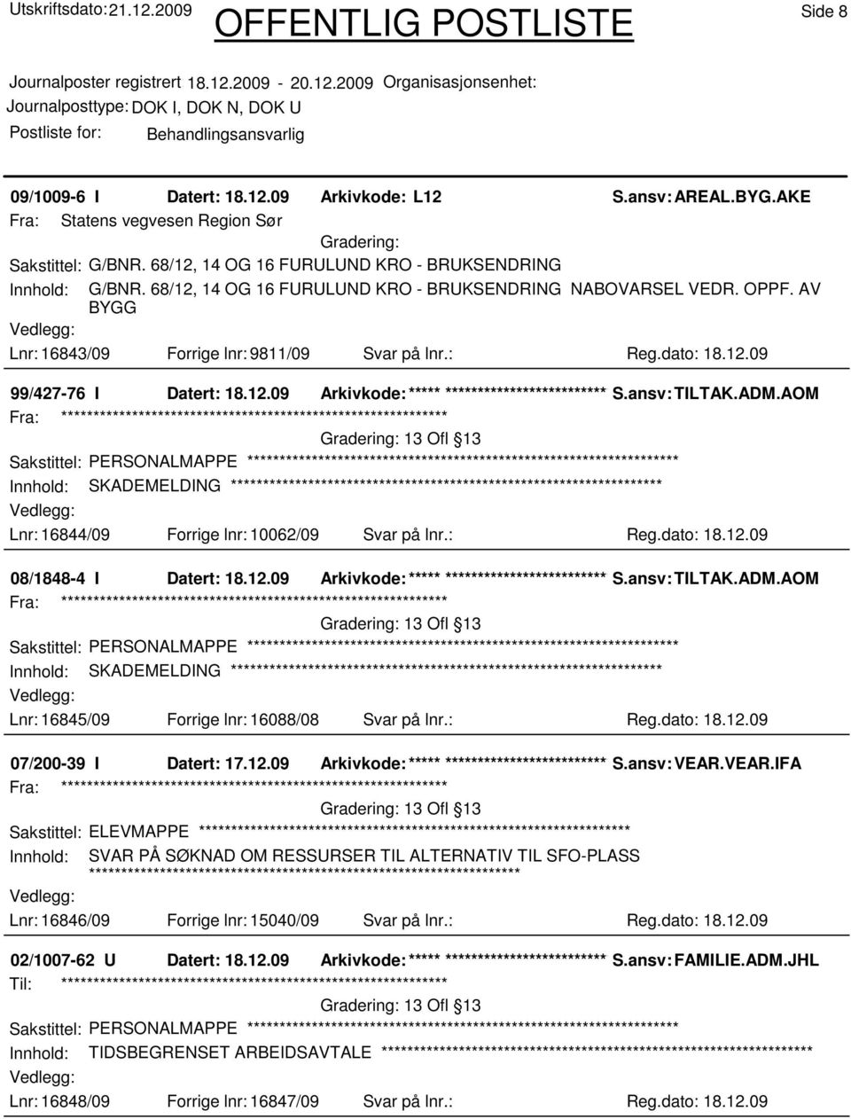 ansv: TILTAK.ADM.AOM 13 Ofl 13 Sakstittel: PERSONALMAPPE Innhold: SKADEMELDING Lnr: 16844/09 Forrige lnr: 10062/09 Svar på lnr.: Reg.dato: 18.12.09 08/1848-4 I Datert: 18.12.09 Arkivkode:***** ****************************** S.