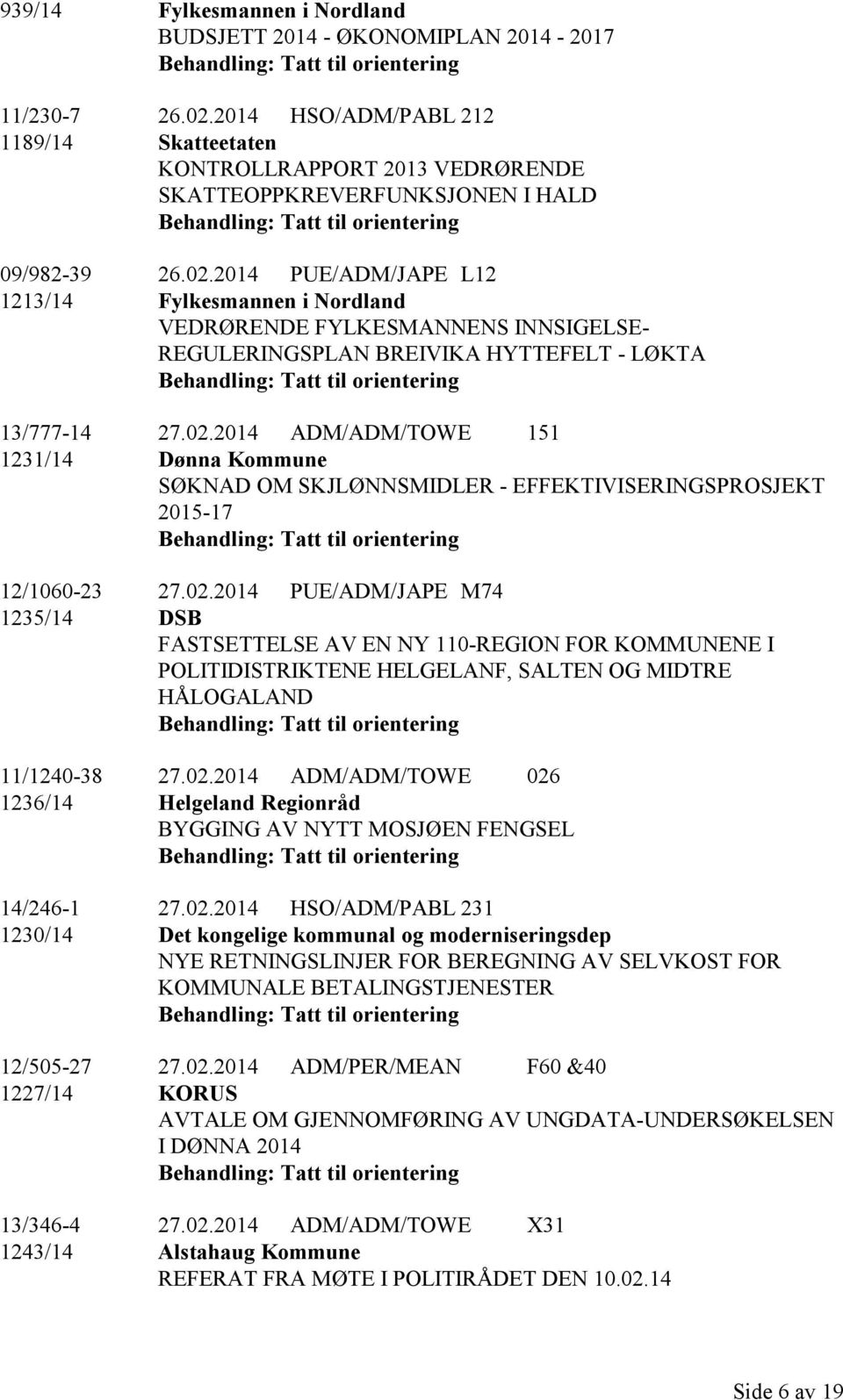 2014 PUE/ADM/JAPE L12 1213/14 Fylkesmannen i Nordland VEDRØRENDE FYLKESMANNENS INNSIGELSE- REGULERINGSPLAN BREIVIKA HYTTEFELT - LØKTA 13/777-14 27.02.