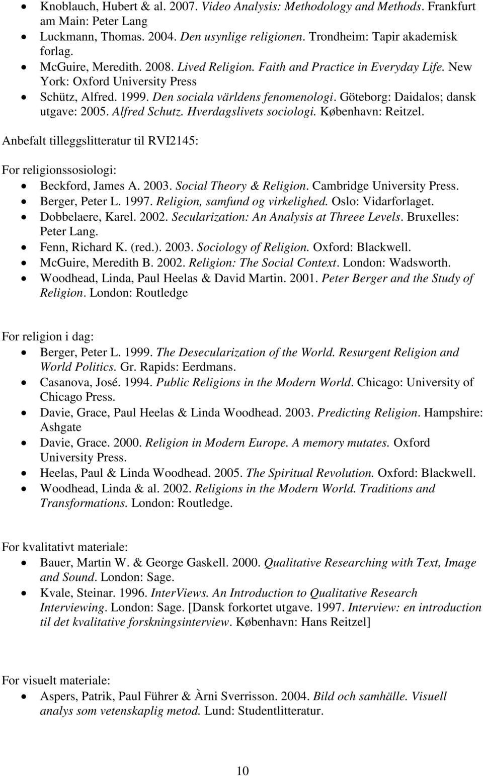 Göteborg: Daidalos; dansk utgave: 2005. Alfred Schutz. Hverdagslivets sociologi. København: Reitzel. Anbefalt tilleggslitteratur til RVI2145: For religionssosiologi: Beckford, James A. 2003.