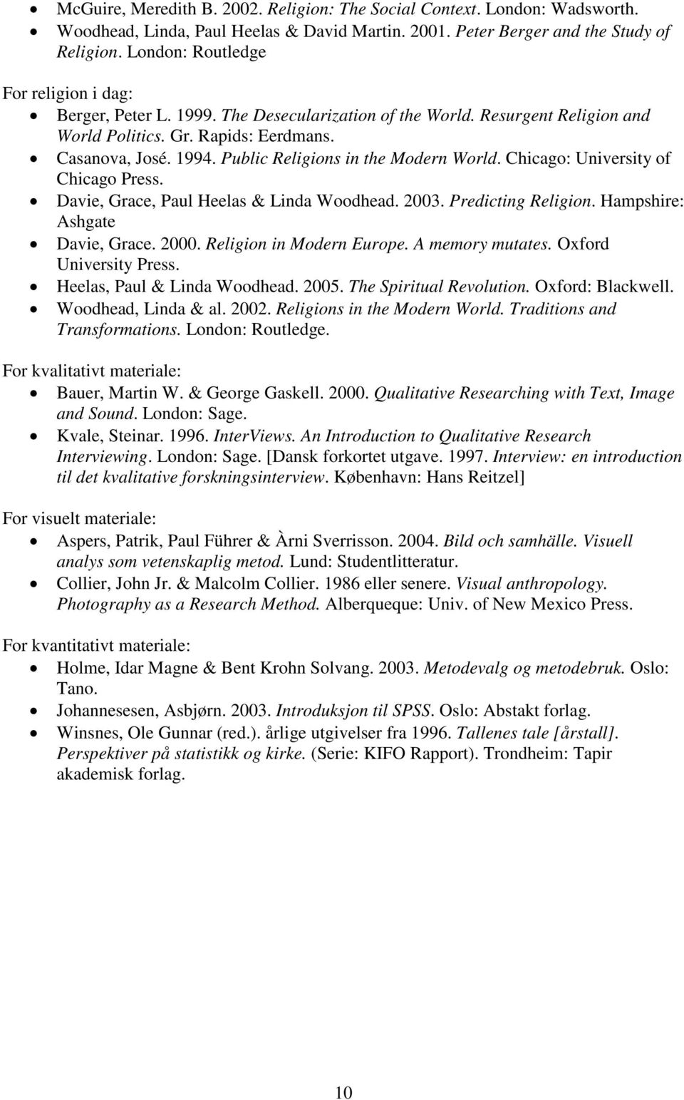 Public Religions in the Modern World. Chicago: University of Chicago Press. Davie, Grace, Paul Heelas & Linda Woodhead. 2003. Predicting Religion. Hampshire: Ashgate Davie, Grace. 2000.